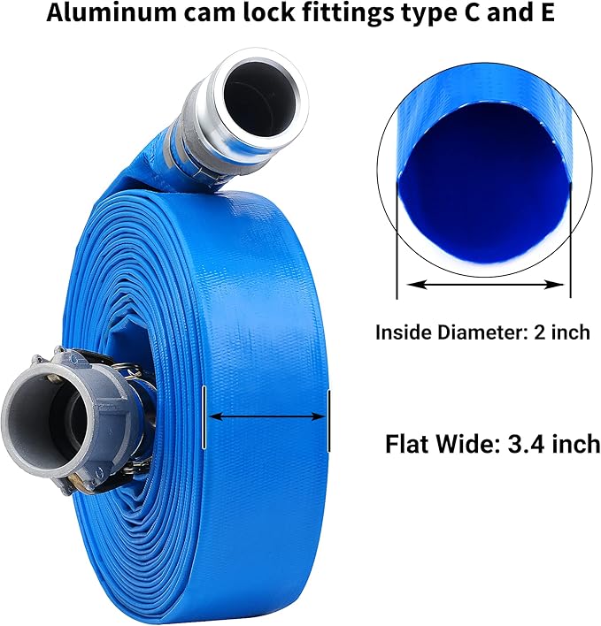2 inch x 50ft PVC Lay Flat Discharge Hose With Aluminum Camlock C & E Fittings, Cam Lock Fitting, Heavy Duty Reinforced Pump Backwash Hose Assembly