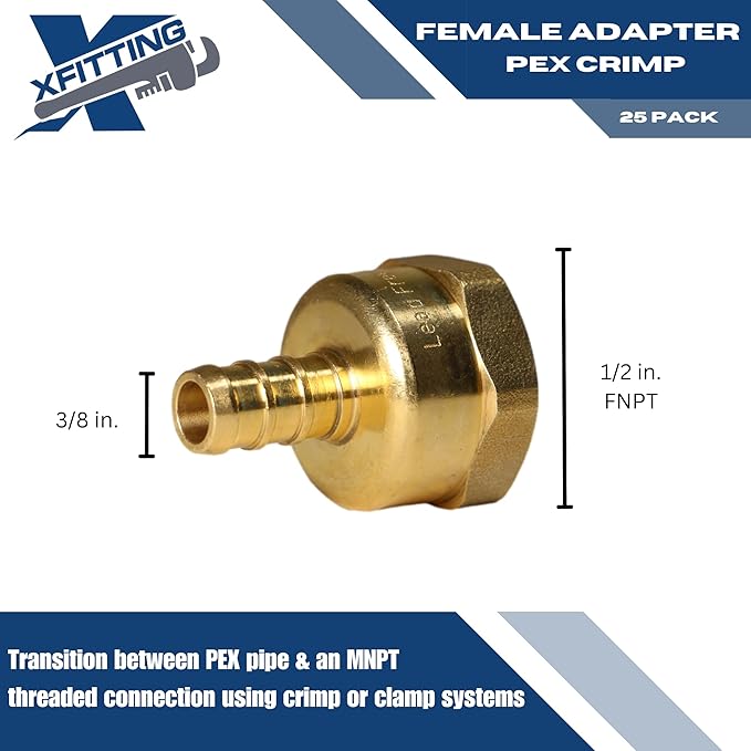 XFITTING 3/8 inch Pex x 1/2 inch Female NPT Adapter, 23-4-8=25X, 25 Pieces