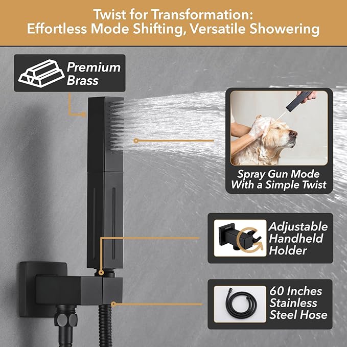 VANFOXLE Shower Faucet Set Matte Black Shower System,Shower Faucet with 2 in 1 Handheld,Ceiling Mount 16 Inch LED Shower Head+6 Inch Shower Head(Rough-in Valve Body and Trim)