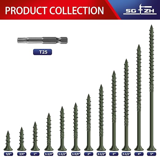 #10 x 2-1/2" Deck Screws (159Pcs) 2lb. Carbon Steel, Green, Flat Head, Rust Resistant epoxy Coated, with T25 Star Bit