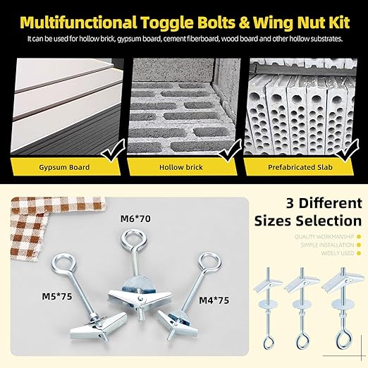 18Pcs M4 M5 M6 Eye Bolt Toggle Bolt Assortment Kit, Spring Toggle Bolts Butterfly Anchors Butterfly Toggle Anchors, Heavy Duty Drywall Anchors with Wing Nut for Hanging Lamps Heavy Items