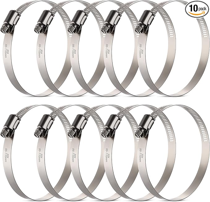 10 Pack 4 inch Hose Clamp,Stainless Steel Large Hose Clamps Adjustable from 3-3/4"-4-5/16"/95-110mm,Metal Worm Drive Gear Duct Clamp for Air Ducting,Dryer Vent Hose,Fuel Line,Plumbing,Automotive