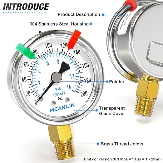 MEANLIN MEASURE 0~200Psi Dry Pressure Gauge Stainless Steel 1/4" NPT 2" FACE DIAL Waterproof for Air Compressor Air Regulator Water Filter Lower Mount (with 2PCS Snaps)