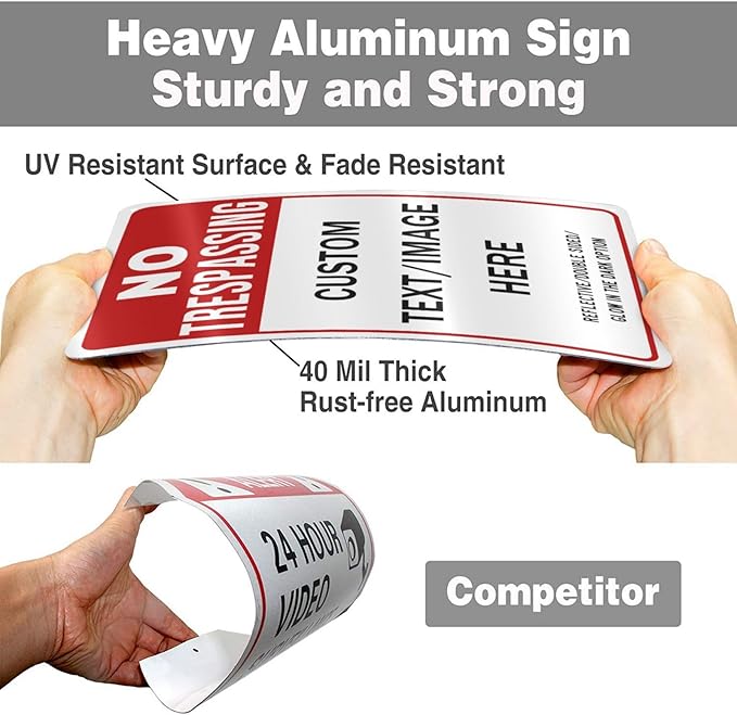 Custom No Trespassing Sign, Glow in the Dark/Reflective Option, 24''x18'' Personalized Large Aluminum Warning Signs, Customize for Business, Yard, Garden, School, Driveway, Outdoor
