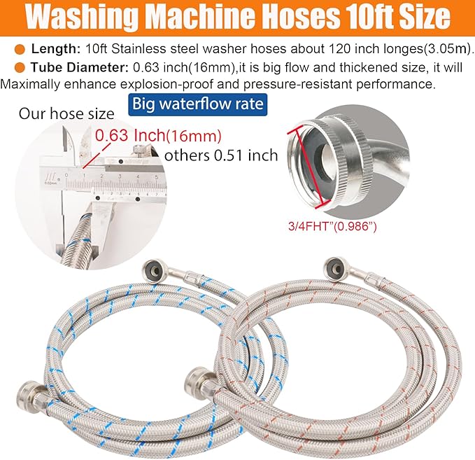 WHK 2 Pack 10ft Washing Machine Hoses Stainless Steel Washer Hoses with 90 Degree Elbow Washer Hot and Cold Water Hose Connection Inlet Washer Supply Lines