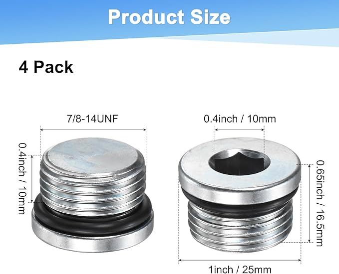 1-Pack 7/8-14UNF Inner Hex Head Pipe Fitting Plug, Carbon Steel Sensor Socket Plug with Seal O-Ring for Terminate Pipe Ends/High Pressure Washer, Sealing Screw
