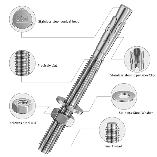 10Pcs 1/4x4 Inch Standard Fasteners for Heavy-Duty 304 Stainless Steel Wedge Anchors for Cement and Concrete