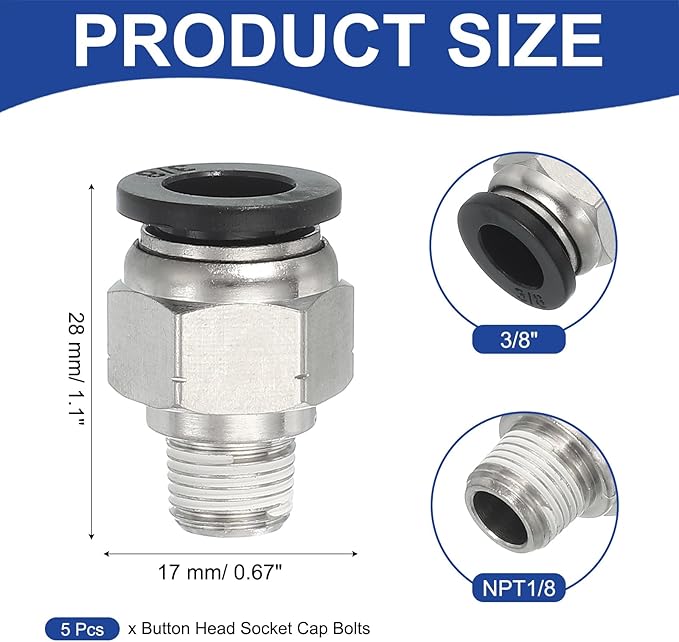 MECCANIXITY 5 Pcs NPT Push to Connect Air Fittings, Male Straight 3/8" Tube OD x 1/8" NPT Thread Air Quick Connector Coupling Adapter for Gas Hose Pneumatic Tools, Black