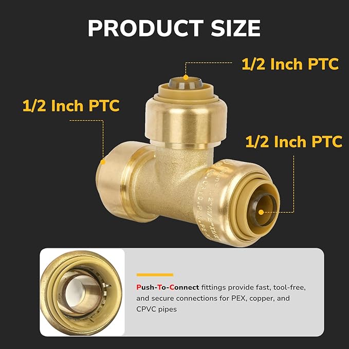 1/2" Pex Tee Pushfit, Push to Connect Brass Plumbing Fitting for Copper, CPVC, PEX Pipe, Brass Pex Fitting with Upgraded Stiffener, Disconnect Clip Included, NSF & UPC Certified, 6 Pack