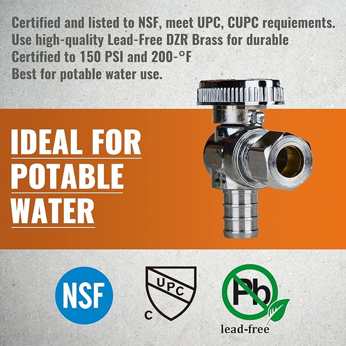 SUNGATOR 10-Pack Angle Stop Valve, 1/2" PEX x 3/8" OD Compression, Quarter Turn Chrome Plated, 1/2 inch Pex Shut Off Valves for Faucet and Toilet, UPC Certified