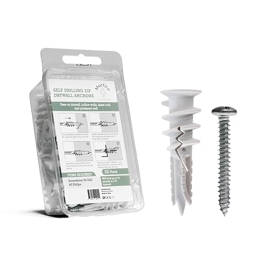 Reinforced Nylon 66 Drywall Anchors 90lb Limit, Self Drilling, Home Improvement Value Pack for Home Projects & Picture Hanging Kit, 25 Plastic Dry Wall Expansion Anchors and 25 Sheetrock Screws