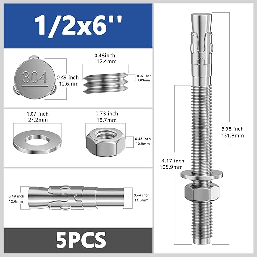 5Pcs 1/2x6 Inch Standard Fasteners for Heavy-Duty 304 Stainless Steel Wedge Anchors for Cement and Concrete