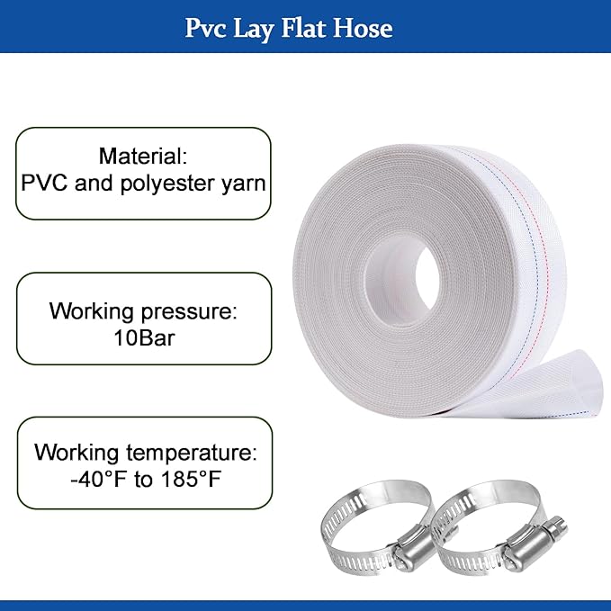 Eastrans 2-1/2INx65.6FT Pool Backwash Hose,Extra Heavy Duty Discharge Lay Flat Hose for Swimming Pool, Drain Hoses with Clamp,10 Bar Working Pressure,High pressure resistance,Wear Resistance