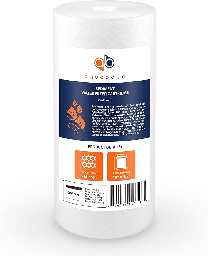 Aquaboon 5 Micron 10 x 4.5 Whole House Water Filters Cartridges Replacement Set of Carbon & Sediment Filters Compatible with FXHTC, DGD-5005, 8 Pack