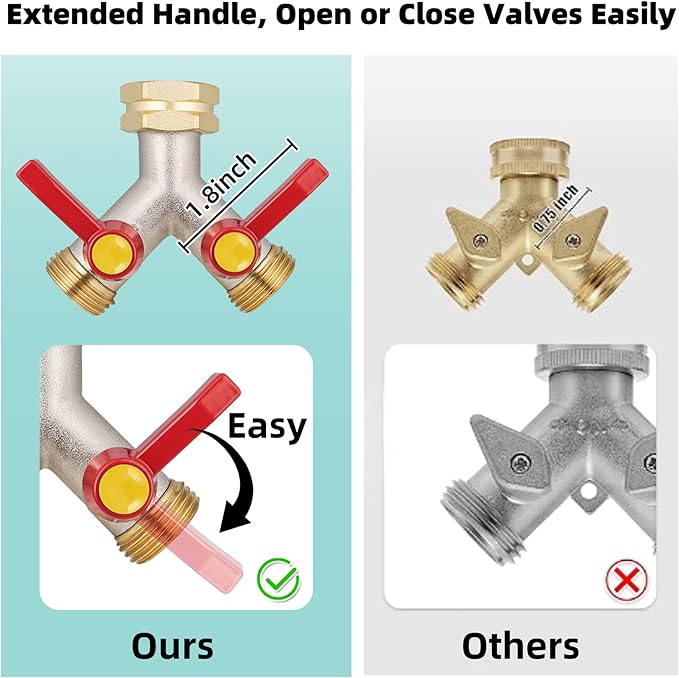 2 Way Hose Splitter, Brass High Flow Garden Hose Splitter Heavy Duty, Hose Connector, Water Spigot Splitter, Full Flow Faucet Splitter with shutoff, 3/4” GHT Inlet