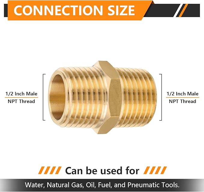100-PCs HeSun Brass Hex Nipple Pipe Fitting, 1/2" NPT Male x 1/2" NPT Male Nipple Pipe Adapter(NPT013-100)