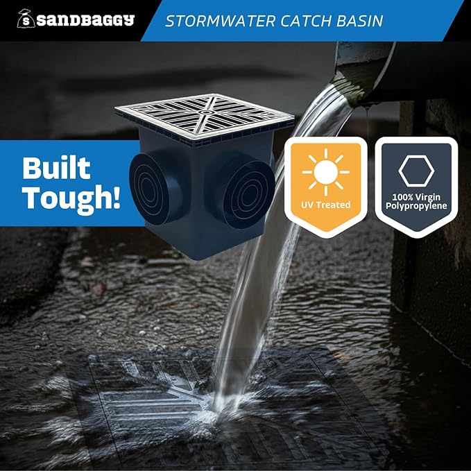 Sandbaggy 12" x 12" Stormwater Catch Basin - 4 Outlets - UV Treated with Debris Basket - Residential, Yard, Lawn, French Drains (12" x 12", 15, Count)