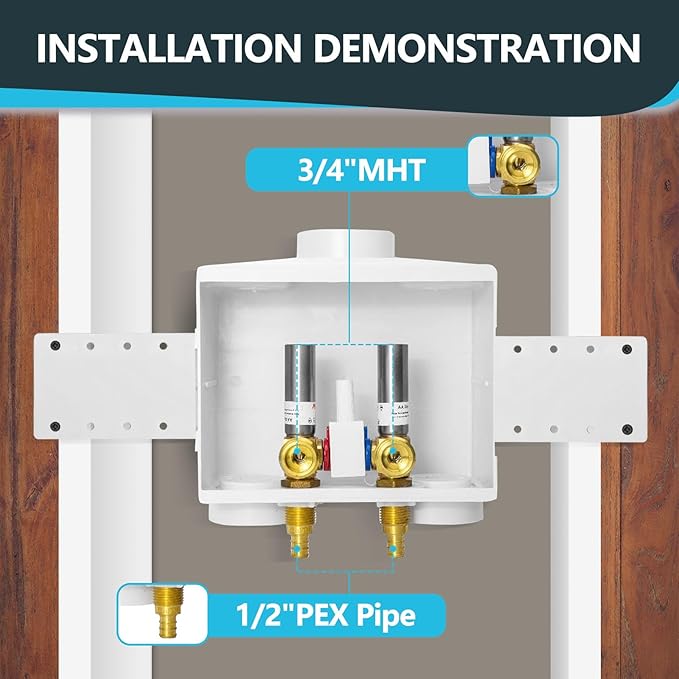 Washing Machine Outlet Box, Double Drains, Single Lever, 1/2 Inch Pex Crimp Inlet x 3/4 Inch MHT Outlet Connection, with Stainless Steel Water Hammer Arrestor(Pack of 2)(WM017-2Pack)