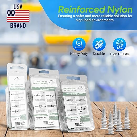 Reinforced Nylon 66 Drywall Repair Anchors - 90lb, Small Wall Hanging Kit for Apartment Quick Fixes & Towel Rack with Carbon Steel Screws, 10 Dry Wall Anchors and 10 Phillips Flat Head Wood Screws