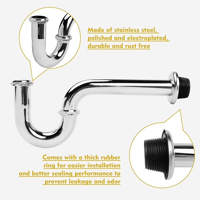 Stainless 2 Pack Steel P-Trap - 1 1/4 Inch Bathroom Basin Sink Waste Trap with Reducing Washer, Chrome Finish, Silver