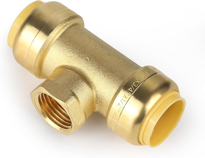 (2 Pack) EFIELD Female Tee 3/4"x3/4"x1/2" Push Fit Female Plumbing Tee,Brass Fitting No Lead For Copper Pex CPVC,(PF228)