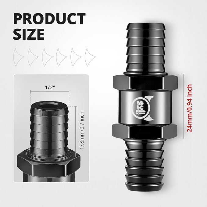 EVIL ENERGY 1/2" (12mm) Check Valve, 3 Pcs Aluminum One Way Fuel Check Valve for Gasoline, Diesel & Coolant with Universal Hose Clamps, Black