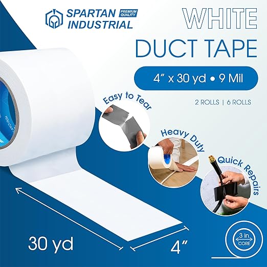 SPARTAN INDUSTRIAL - 4" X 30 yd Water-Resistant White Duct Tape - 2 Heavy-Duty Tape Rolls for Professional, Home, and DIY Repairs - No Residue, 9 Mil