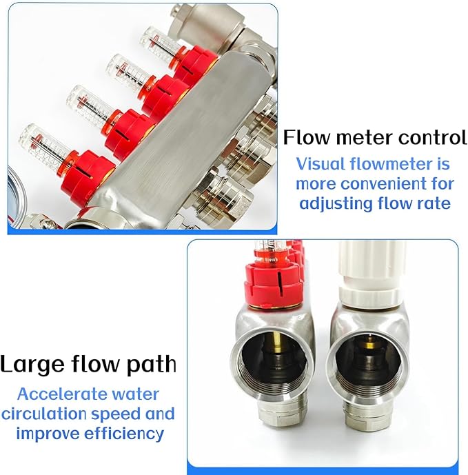 4-Branch PEX/Radiant Heat Manifold ，1/2" PEX Tubing Manifold,304 Stainless Steel Floor Heat Manifold Kit with 1/2" Adapters Included for Hydronic Radiant Floor Heating (4-LOOP)