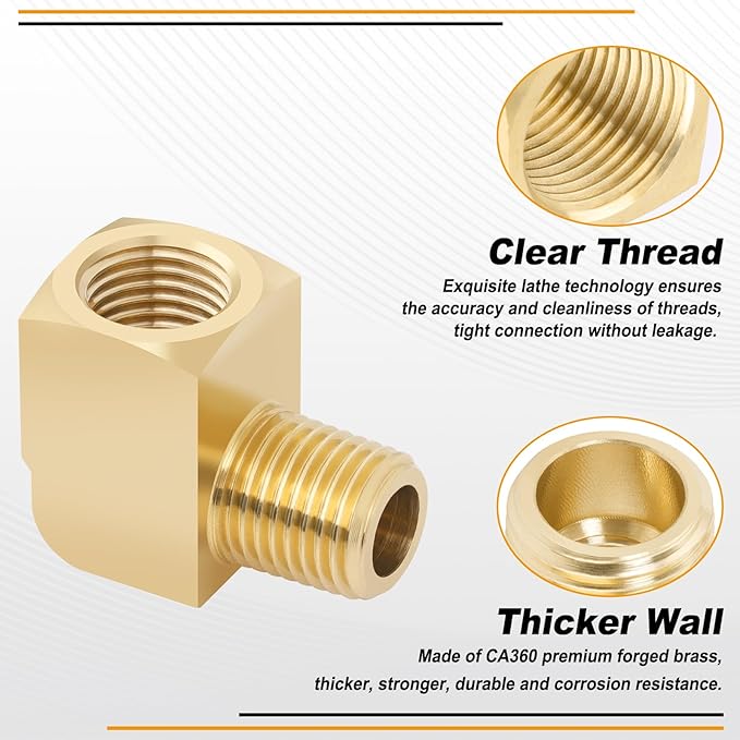 KOOTANS 4pcs 1/4 NPT 90 Degree Barstock Street Elbow Brass Fittings, 1/4" NPT Male to 1/4" NPT Female Thread Elbow Forged Brass Pipe Fitting