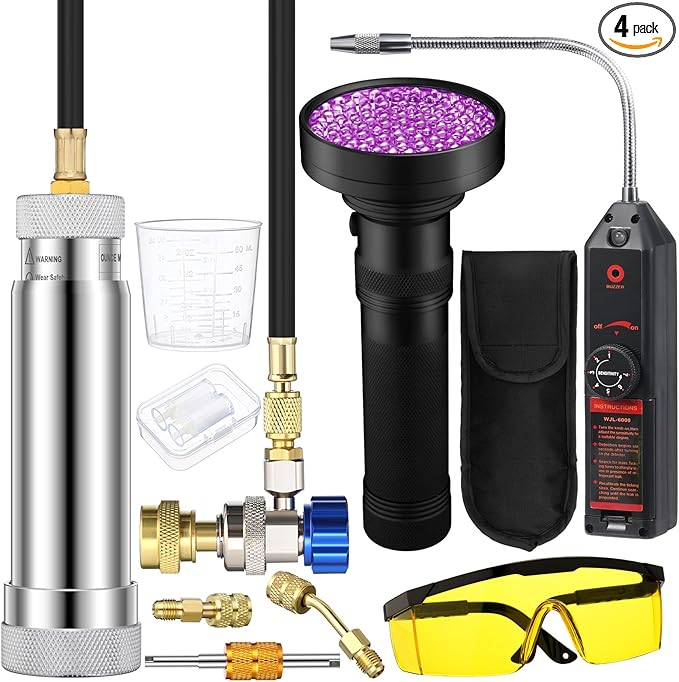 AC Leak Detector Kit, R1234yf R134a R410a AC Oil UV Dye Injector Kit Refrigerant Leak Detector Tool Low Side Quick Coupler Mini Split Adapter Glasses Flashlight(Practical)
