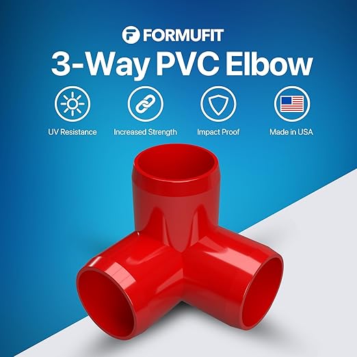 FORMUFIT 3/4” 3-Way Elbow Furniture Grade PVC Fitting in Red, Made in USA, UV-Resistant, Impact-Proof, 1.050” Actual Socket Diameter (Pack of 8)