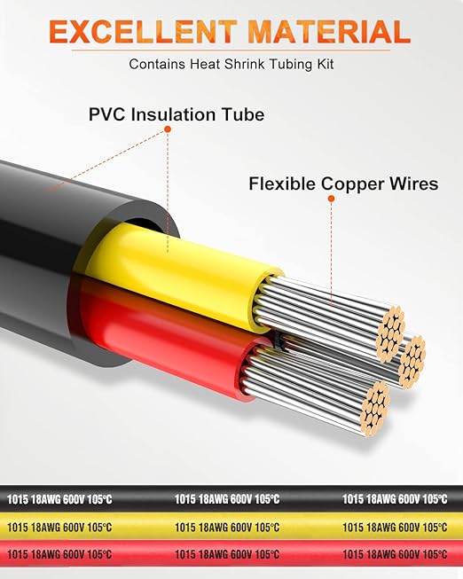 NAOEVO 18 Gauge Wire 3 Conductor Electrical Wire, 18 AWG Stranded PVC Cord, 12V Low Voltage/Tinned Copper/Flexible Cable for Automotive Wiring, Lamp Cord, Marine Cable (100FT)