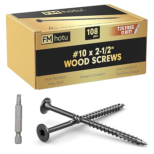 #10 x 2-1/2” Deck Screws, 108Pcs Star Drive Wood Screws, Rust Resistant Timber Screws for Timber/Log/Landscaping Wood, T25 Star Bit Included, Black