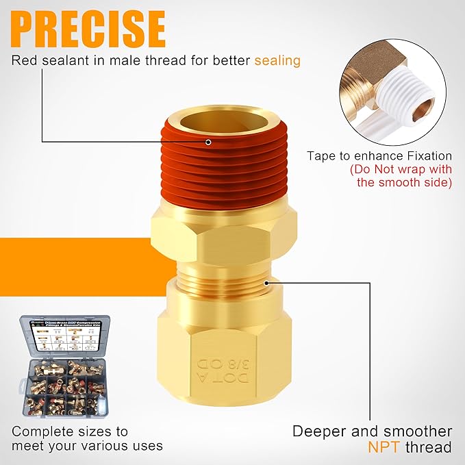 74Pcs DOT Air Brake Line Fittings,Brass Compression Air Nylon Tubing Fittings Assortment Kits 1/4" 1/8" 3/8" 1/2" 5/8" for Industrial Use or Trucks Trailers