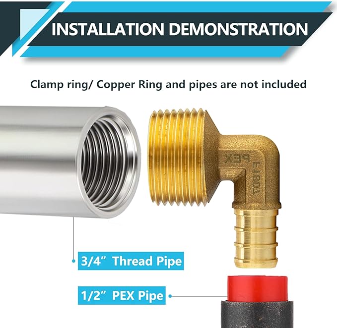(10-Pack) PEX Fittings, Pex 1/2" x 3/4" Male Threaded NPT Elbow Adapter, Brass Crimp Fittings, for PEX Tubing Pipe Plumbing, ASTM F1807(PEX1807103)