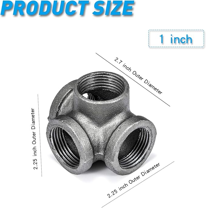 1" 4-Way Side Outlet Tee, Home TZH Malleable iron Pipe Fittings for Industrial vintage style, Flanges with Threaded Hole for DIY Project/Furniture/Shelving Decoration (10, 1")