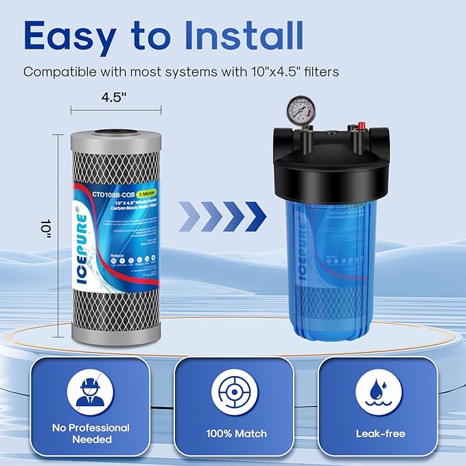 ICEPURE 5 Micron 4.5" x 10" CTO10BB-CQB Whole House Water Filter Upgraded Coconut Shell Activated Carbon Lead Removal Water Filter Replacement for Home, 3PACK