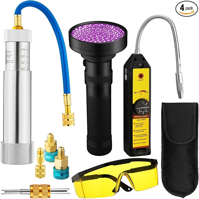 AC Leak Detector Kit, R1234yf R134a R410a AC Oil UV Dye Injector Kit Refrigerant Leak Detector Tool Low Side Quick Coupler Mini Split Adapter Glasses Flashlight(Classic)