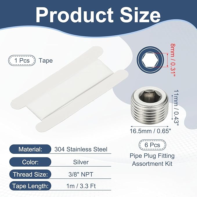 PATIKIL 3/8" NPT Male Internal Hex Pipe Fitting, 4 Pcs 304 Stainless Steel Pipe Plug Fitting Assortment Kit Countersunk Thread Head Socket Pipe Plug Fitting Adapter with Tape, Silver