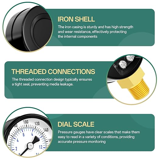 0-200psi Well Pump Pressure Gauge 1/4" NPT 2" Face Dial Size Lower Mount, Multifunctional Practical Dry Pressure Gauge, for Water, Oil and Air Compressor