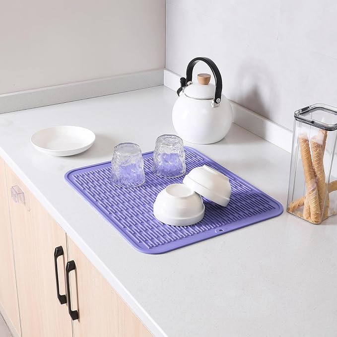 Silicone Dish Drying Mat for Multiple Usage,Easy clean,Eco-friendly,Heat-resistant Silicone Mat for Kitchen Counter or Sink,Refrigerator or Drawer Liner Light Purple XL 18 inches x 16 inches