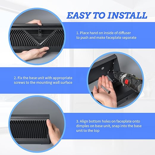 8 Pcs Baseboard Register Vent 24 Inch Duct Opening Size Baseboard Vent Covers Diffuser Adjustable Corner Return Air Grille for Home Floor Wall Air Flow Control (8, Black, 24 Inch)