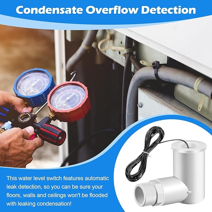 8 Pack SS2 Float Switch for Easy Installation, AC Float Switch with 3/4 Inch Adaptor and 6ft Wire, Water Level Accessory for HVAC System with Condensate Overflow Detection