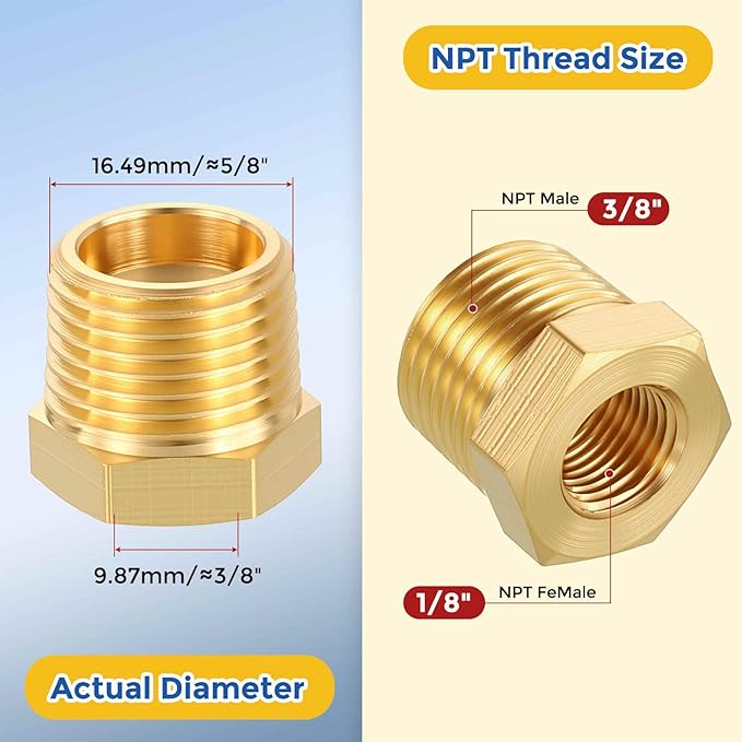 5 Pack Brass Pipe Fittings, 3/8" NPT Male to 1/8" NPT FeMale Brass Hex Bushing Reducer, Hose Tube Threaded Adapter for Air, Oil, LP