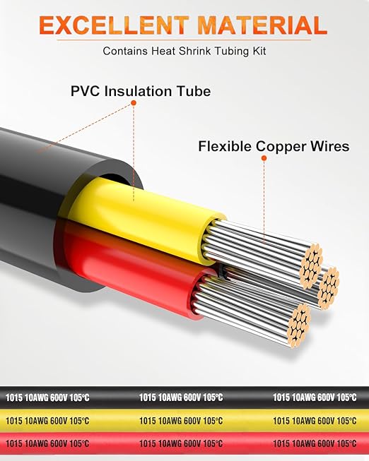 NAOEVO 10 Gauge Wire 3 Conductor Electrical Wire, 10 AWG Stranded PVC Cord, 12V Low Voltage/Tinned Copper/Flexible Cable for Automotive Wiring, Lamp Cord, Marine Cable (30FT)