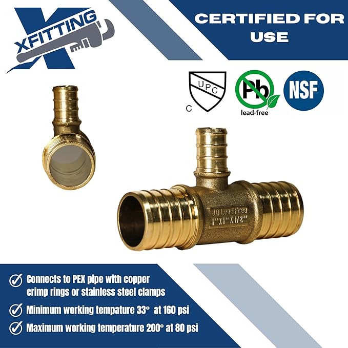 XFITTING 1 inch x 1 inch x 1/2 inch Pex Reducing Tee, Pex B Crimp Version 25-1-5=10X, 10 Pieces