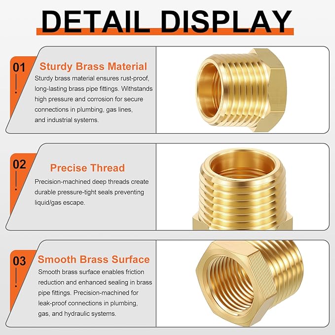 1 Pack Male to FeMale Adapters, 3/4" Male NPT x 1/4" FeMale NPT Brass Hex Bushing Reducer for Industrial, Automotive, Fluid Transfer, Home Gardening, Water Treatment