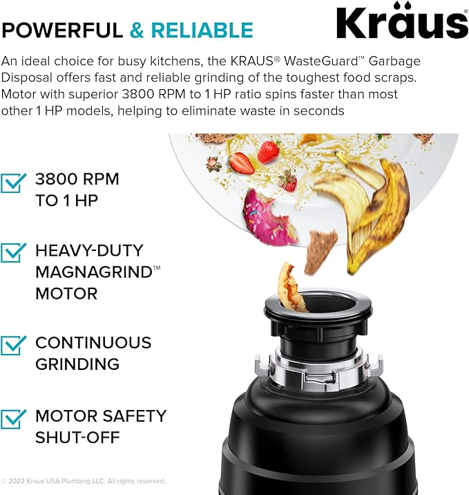 Kraus KWU110-32-100-100MB, Kore Workstation 32-inch Undermount 16 Gauge Single Bowl Stainless Steel Kitchen Sink with WasteGuard 1 HP Continuous Feed Garbage Disposal
