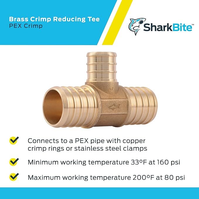 SharkBite 1 Inch x 1 Inch x 3/4 Inch Crimp Reducing Tee, Pack of 10, Brass Plumbing Fitting, PEX Pipe, PE-RT, UC416LF