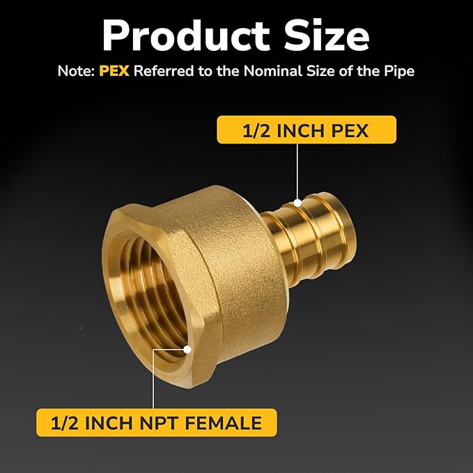 Pex Fittings, 1/2" Female NPT to 1/2" Pex Male Adapter, Heavy-Duty Brass Crimp Fittings for PEX Pipes with Leak-Resistant Construction, NSF & UPC Certified, 6 Pack